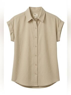 Tilley Women's Button Down Camp Shirt, Beige, Collared, Rolled Up Sleeves, Small